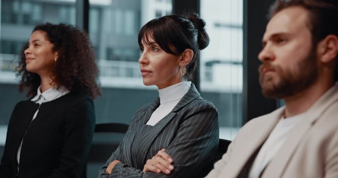 Business woman, audience and listen at conference, smile or agreement with colleague at insurance agency. Person, actuary and risk investment staff at seminar, meeting and pay attention at company
