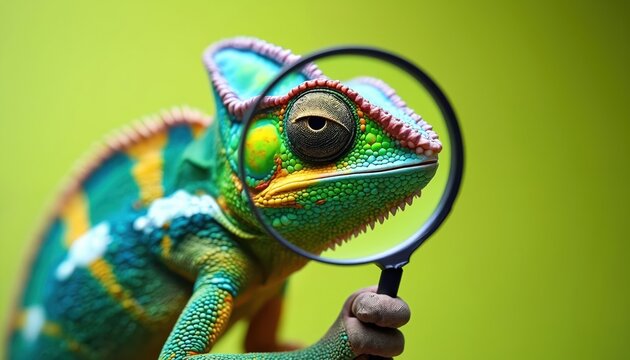 Detailed macro view of colorful chameleon holding magnifying glass. Reptile textured skin, eye detail, scales sharp. Vibrant green background adds focus to curious creature examining surroundings.