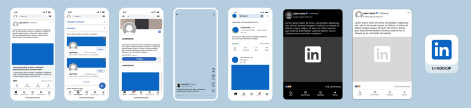 LinkedIn UI mockup template in light mode with feed, profile, post and network screens for mobile social media layout.