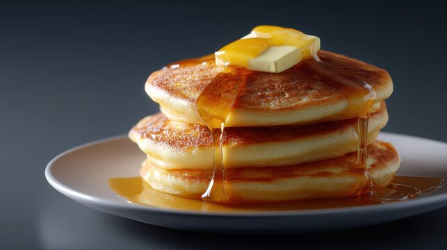 realistic top view of pancakes stacked with butter and maple syrup