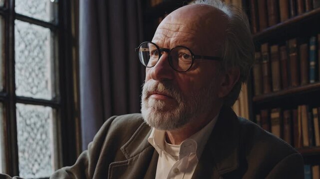 Vintage-style video still of a scholar writing at a desk in a dimly lit library. The camera angle is eye-level, capturing a cozy, intellectual ambiance.