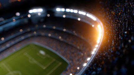 cinematic top view of football stadium filled with cheering fans and bright floodlights