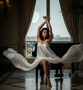 Fine art photography of an Indian woman, draped in a white cloth 