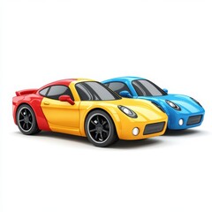 Colorful toy sports cars parked side by side on a white background displaying bright yellow, red, and blue designs