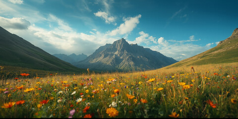 Vibrant valley with colorful wildflowers and majestic mountains under a brilliant blue sky for inspirational wall art, travel magazine feature, eco-tourism promotion, meditation visuals, book covers