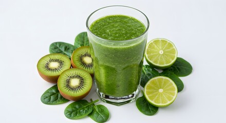 Fresh green smoothie with tropical fruit ingredients arranged in clean minimalist style