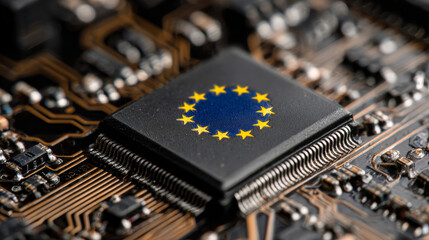 European Union Technology Regulation EU flag integrated into computer circuit board representing European digital sovereignty and technology regulation compliance