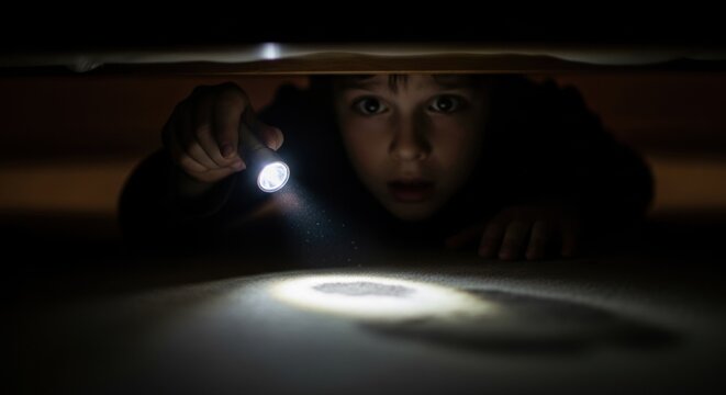 A child looking under the bed with a flashlight, searching for monsters in the darkness. Concept of fear, imagination, and childhood nightmares. - Powered by Adobe