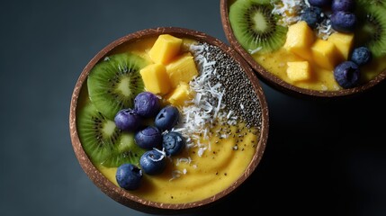 cinematic top view of smoothie bowls with kiwi, mango, pineapple, blueberries, chia seeds, and coconut flakes