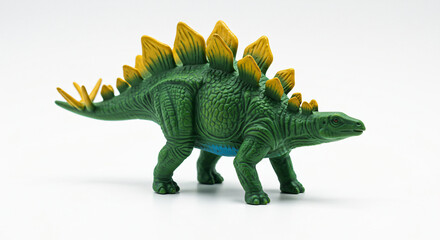 Fototapeta premium A detailed green plastic toy stegosaurus dinosaur with distinctive bony plates along its back and tail on a white background
