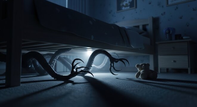 Monster claws emerging from under a bed. Child's nightmare scenario in a dark bedroom. Fear of sleep and imagination concept. - Powered by Adobe