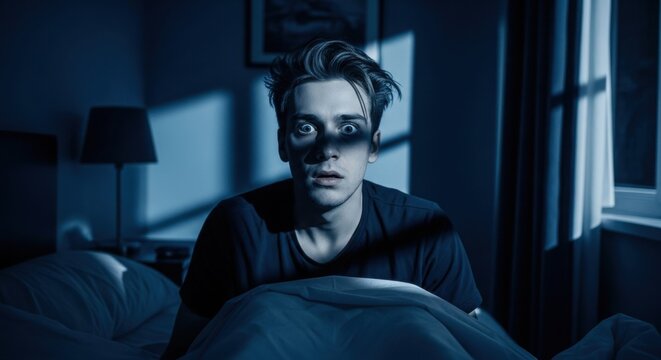 A young caucasian man with wide eyes looks terrified in bed, experiencing a nightmare or sleep paralysis in a bedroom at night.