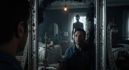 Man looking in a mirror reflection, seeing a terrifying shadow entity behind him in a dark room. Horror concept.