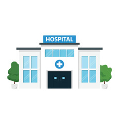 Modern hospital building with trees and medical symbol