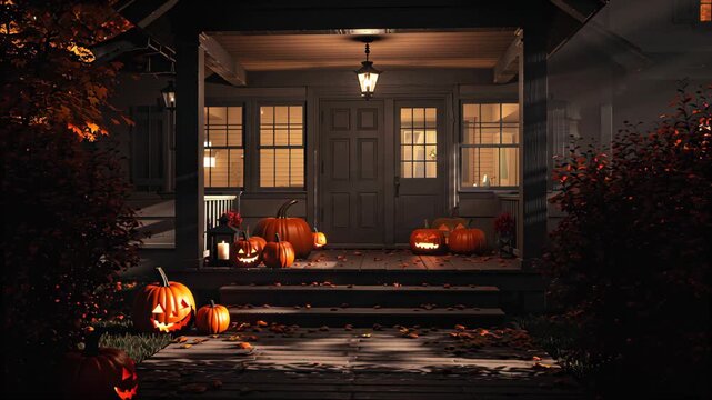 House porch decorated with jack-o-lanterns and lights for Halloween night, cozy seasonal setup