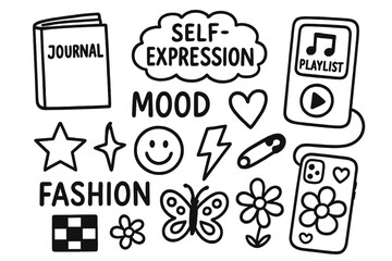 Teen Doodle Art. Teen self-expression doodle set: hand drawn icons for journals, mood playlists, fashion pins, and phone case art,