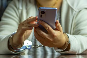 A woman in handcuffs types on a smartphone, close-up.