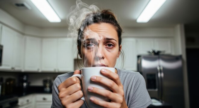 Woman with visible dark circles holding steaming coffee mug in kitchen. Concept of sleepless night, morning fatigue, and need for caffeine.