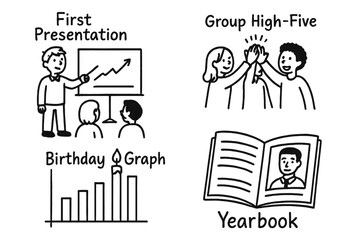 Milestone Moments Doodle. Class milestone moments doodle set: hand drawn icons for first presentation, group high-five, birthday