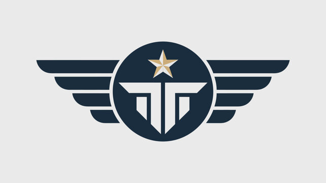 A logo with a star and wings design featuring a stylized letter t inside of a circle on a light background