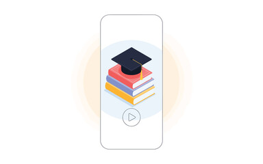 Online education concept with graduation cap on stack of books inside smartphone