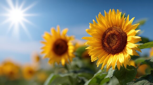 summer sunflower field background with bright sunlight and blue sky