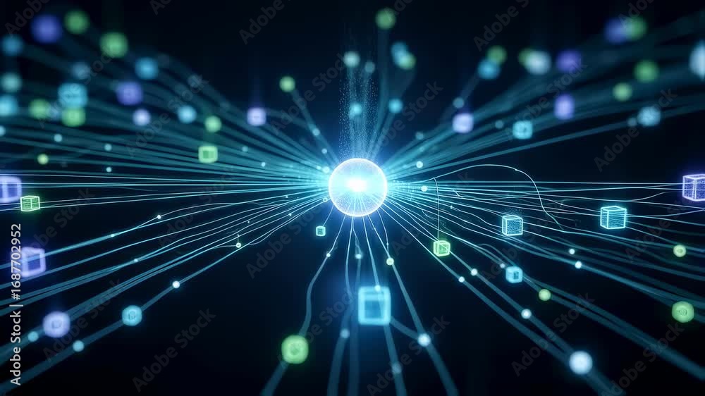 Wall mural abstract network with central data hub emitting vibrant lines to connected nodes. digital informatio