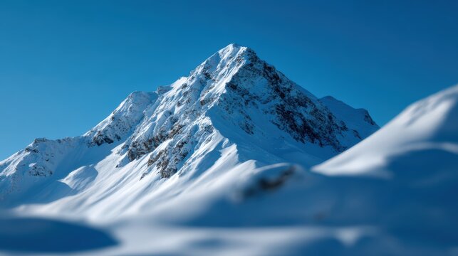 winter snowy mountain peak background with clear blue sky