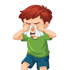 Young boy crying and wiping his eyes with a tissue