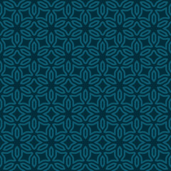 Abstract floral geometric ornament in oriental style. Luxury vector seamless pattern. Subtle teal blue color background texture with flower silhouettes, grid, lattice. Simple repeated minimal design