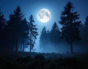 AI-Generated Spooky Full Moon Halloween Night in Dark Forest with Wolf and Bats