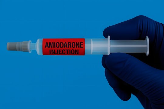 Gloved hand holding Amiodarone syringe on blue background, symbolizing cardiac rhythm control, emergency care, and pharmaceutical precision.