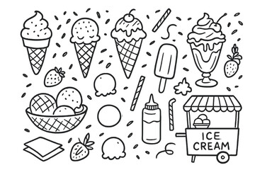 Ice Cream Doodles. Ice cream stand: hand drawn doodles of ice cream cones, scoops, sundaes, sprinkles, popsicles, waffle bowls,
