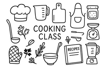 Cooking Class Doodles. Cooking class: hand drawn doodles of chef hats, measuring cups, chopping boards, aprons, kitchen scales,