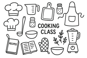 Cooking Class Doodles. Cooking class: hand drawn doodles of chef hats, measuring cups, chopping boards, aprons, kitchen scales,