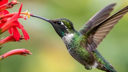 Fototapeta premium Macro shot of a hummingbird’s face while sipping nectar, tiny beak deep inside a red flower, wings blurred like silk motion around its iridescent green feathers