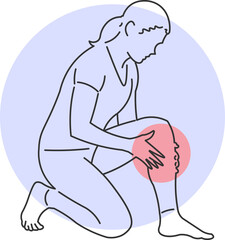Kneeling woman feeling severe knee pain in continuous line minimalist style