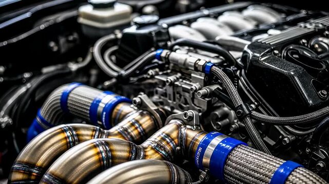 Close up of a car engine with shiny metal pipes and blue connectors. Modern vehicle performance and power system concept footage.