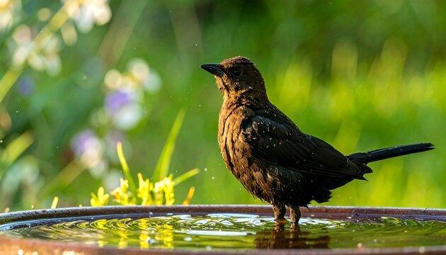 Bird bathing in a garden birdbath