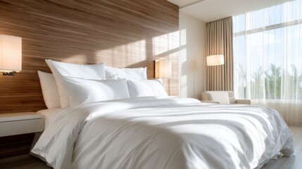 A serene hotel room featuring a cozy bed and soft furnishings, bathed in natural light, ideal for promoting relaxation and comfort for travelers and guests.