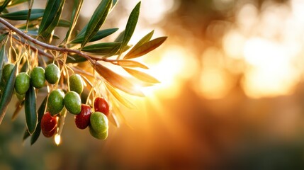 An olive branch showcasing both ripe green and red olives is beautifully illuminated by sunset hues, capturing the essence of nature's bounty and calmness in rural settings.