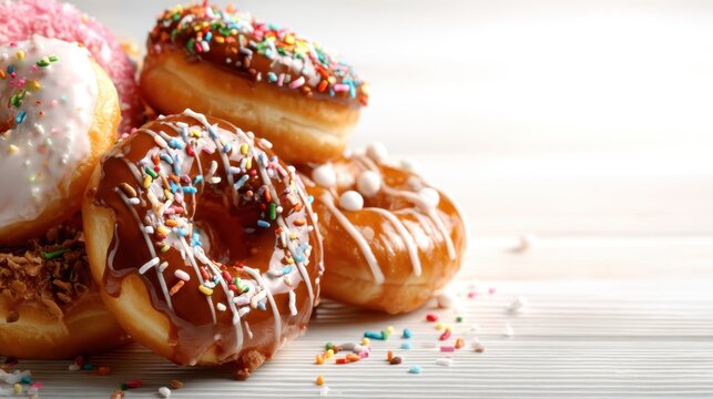 A tempting arrangement of assorted donuts adorned with vibrant sprinkles and frosting highlights the indulgence and joy of sweet treats in a delightful visual collection.