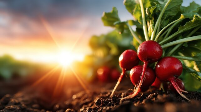 An enticing image showcasing fresh organic radishes growing in soil, beautifully illuminated by sunlight, representing the beauty of nature and healthy living.
