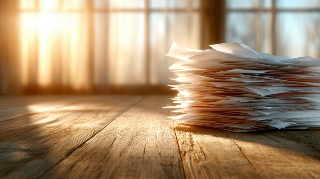 A neatly arranged stack of papers is illuminated by soft sunlight streaming through a window, creating a warm atmosphere that suggests organization and tranquility in workspace.