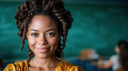 A confident young woman with beautifully styled hair smiles in a classroom, embodying inspiration, education, and the joy of learning in an academic environment.