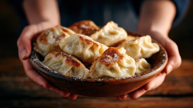 A warm bowl of golden-brown dumplings is being held, showcasing the delicious texture and appealing presentation, perfect for food enthusiasts and culinary photographers.