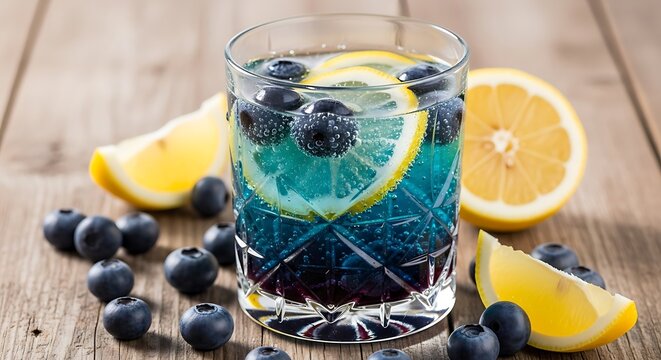 A glass of refreshing blue sparkling lemonade or cocktail with fresh blueberries and lemon slices, a cool summer drink on a wooden table