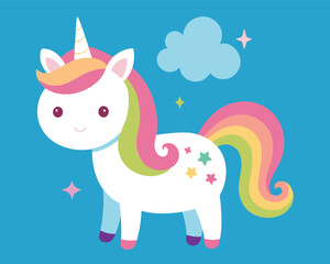 Cute Cartoon Unicorn with Rainbow Mane and Tail on Blue Background
