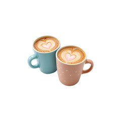 Two heart-shaped latte art coffees in pastel cups.Two cups of latte art coffee, featuring heart-shaped designs in light pink foam on top.