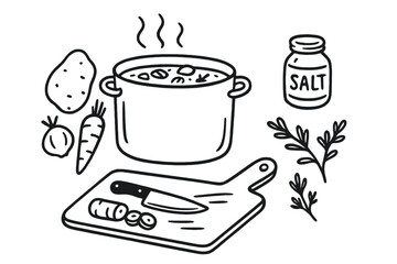 Autumn Cooking Doodles. Fall food prep: hand drawn doodles of soup pot, peeled veggies, simmer steam, cutting board, salt jar, and